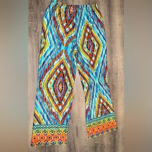 Sunny Leigh, Wide Leg Colorful Abstract Boho Pants, Size Petite Large